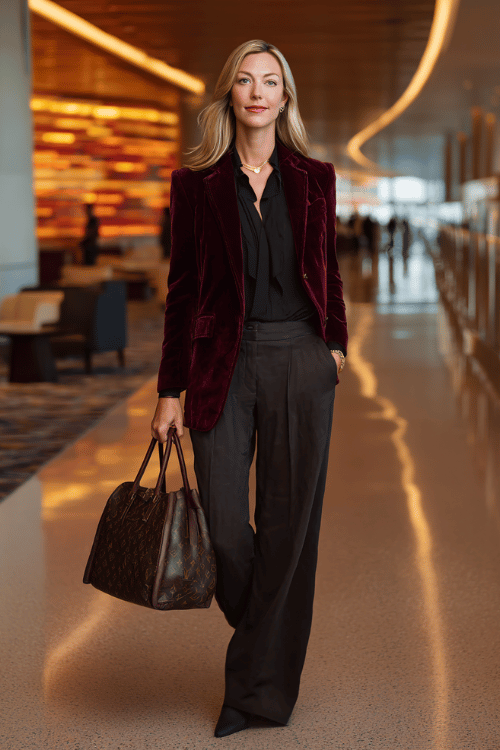 woman wearing a rich deep burgundy velvet blazer over a fitted black silk blouse and tailored wide-leg trousers in warm charcoal, with black suede pointed-toe ankle boots