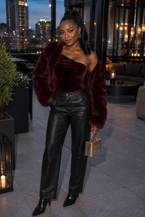 A Black woman wears a burgundy velvet corset top, faux-fur jacket, black leather pants, ankle boots, and a metallic handbag