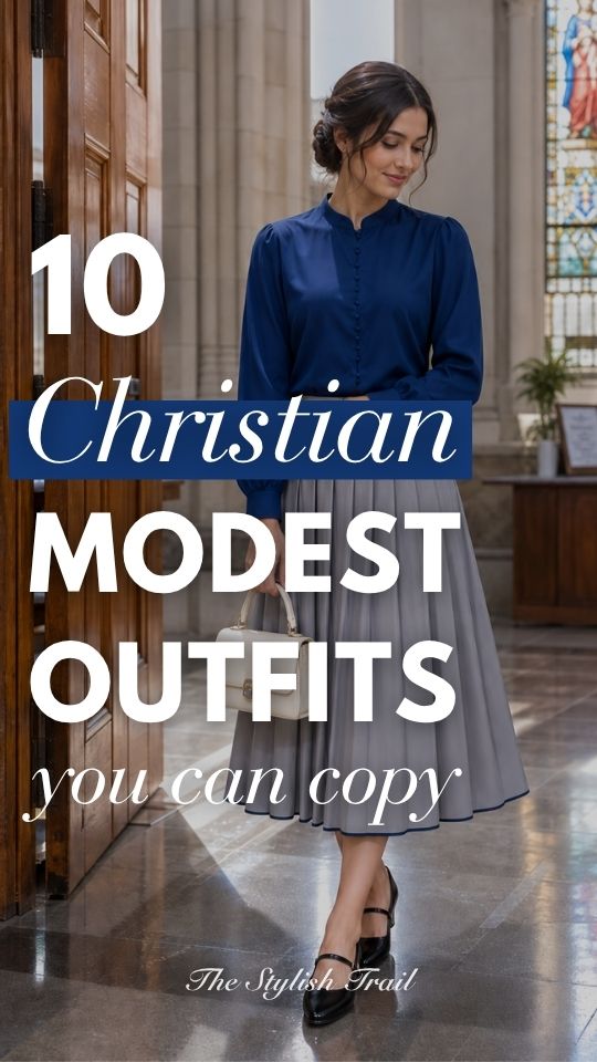 A Christian woman wears modest outfit with a royal blue blouse, gray pleated midi skirt, and black Mary Jane heels