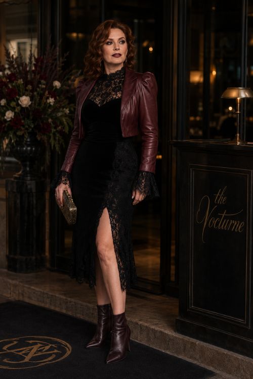 A curvy woman wears a black lace midi dress with a burgundy leather jacket and matching ankle boots