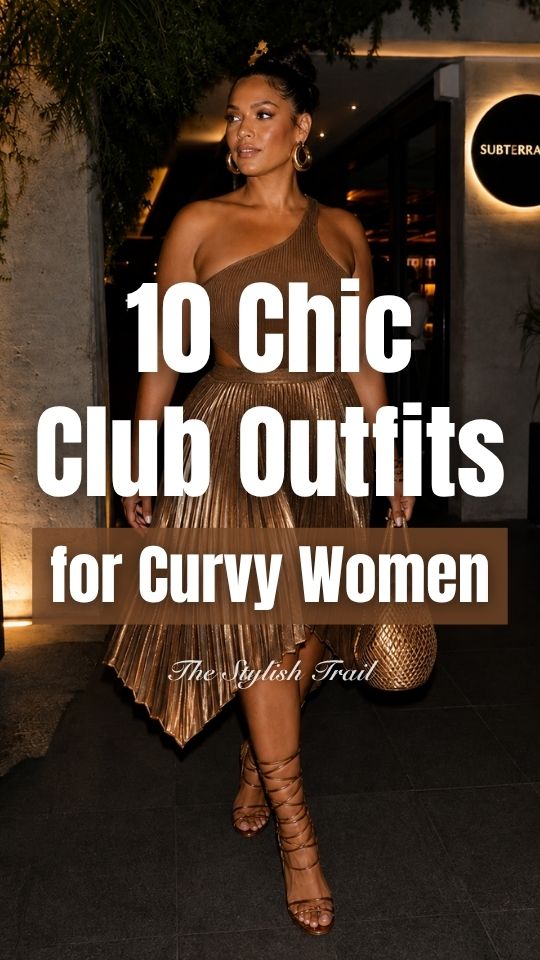 A curvy woman wears a club outfit with a brown top, pleated golden skirt, and strappy heels