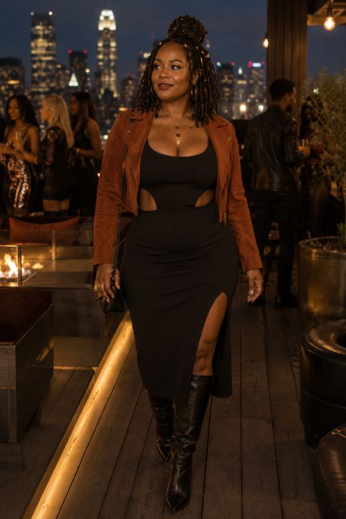 A plus-size Black woman wears a black cutout midi dress, rust suede jacket, knee-high boots, and a black clutch