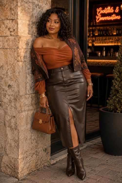 A plus-size Black woman wears a rust off-the-shoulder top, embroidered cropped jacket, brown leather midi skirt, knee-high boots