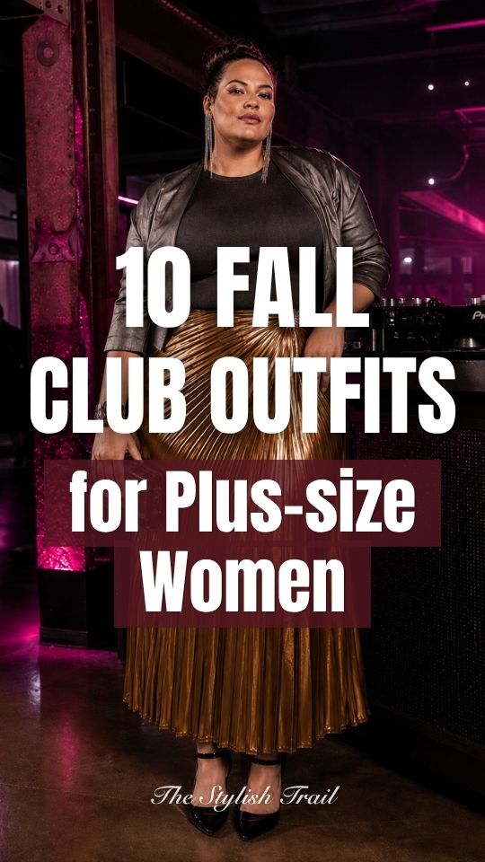 A plus-size woman wears a fall club outfit with a black top, metallic pleated midi skirt, and black heels