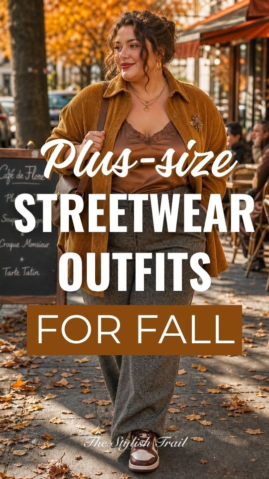 A plus-size woman wears a fall streetwear outfit with a mustard cardigan over a brown camisole with gray herringbone trousers and brown sneakers