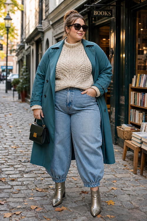 A plus-size woman wears a teal coat with wide-leg jeans and silver ankle boots