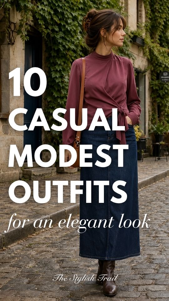 A woman in a casual modest outfit with a mauve long-sleeve top, a dark denim midi skirt and brown boots