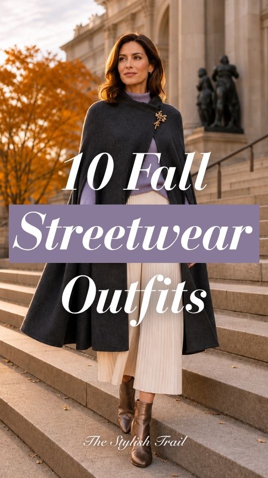 A woman in a fall streetwear outfit with a charcoal cape, a light pleated skirt and brown ankle boots