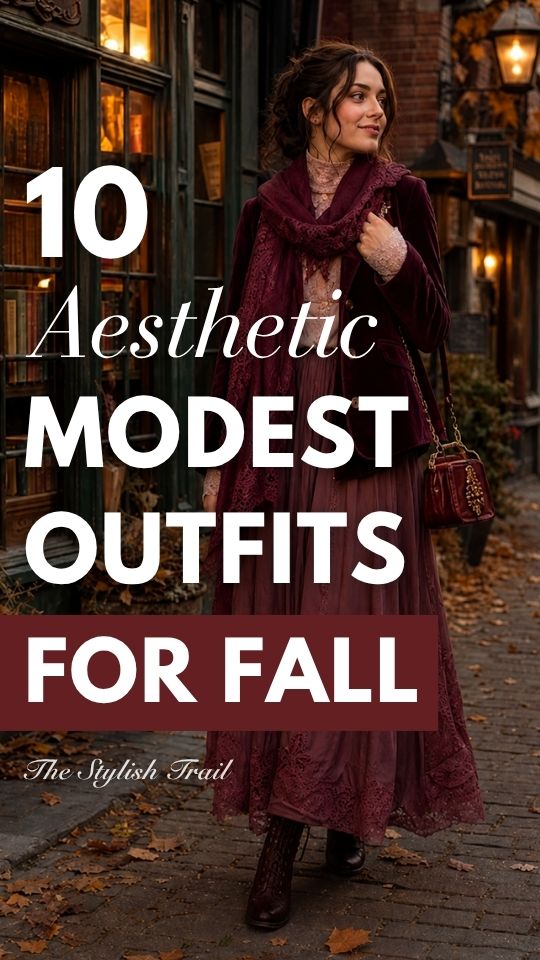 A woman in an aesthetic modest fall outfit with a burgundy dress, a matching scarf and brown ankle boots