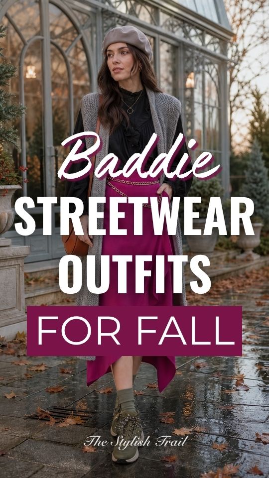 A woman in baddie fall streetwear outfit featuring a magenta asymmetrical skirt, black blouse, long gray vest, mauve beret, and chunky sneakers