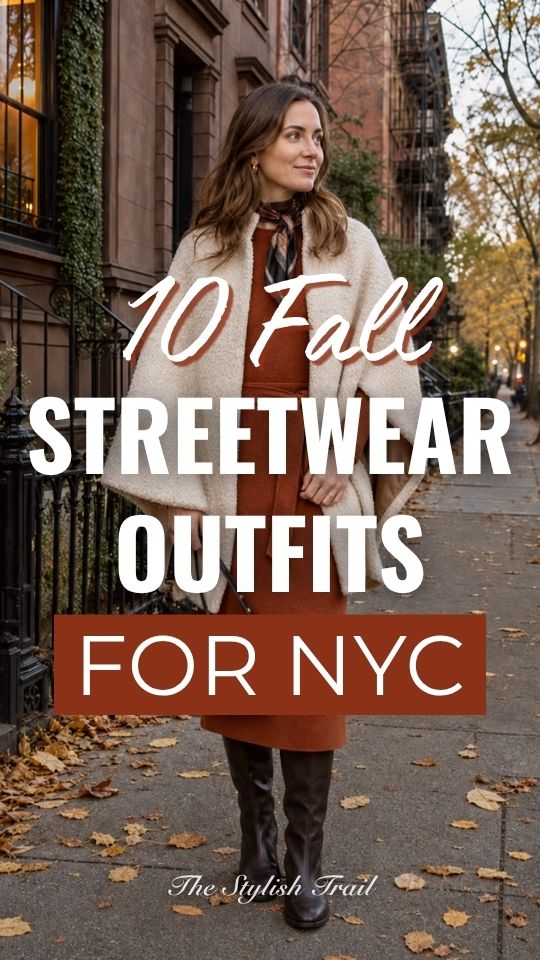 A woman in fall streetwear outfit for NYC with a rust-colored long-sleeve dress styled with a cream cape, patterned neck scarf, black knee-high boots