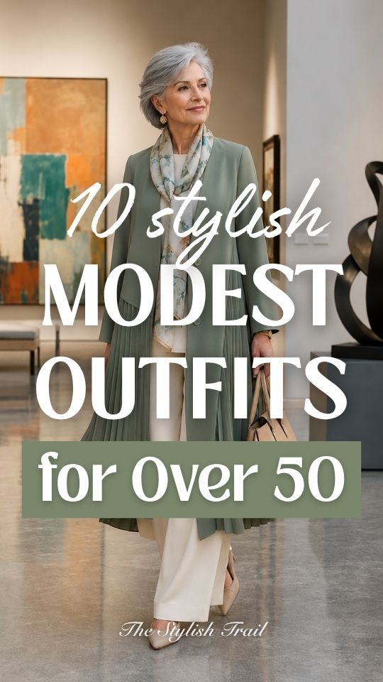 A woman over 50 wears a modest outfit with a sage green pleated long coat with an ivory scarf, cream wide-leg trousers, beige pointed pumps, and a tan handbag