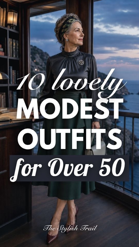 A woman over 50 wears modest outfit with a black satin blouse, dark green midi skirt, and burgundy pumps