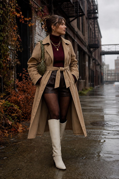 A woman wears a belted trench coat with leather shorts and white knee-high boots