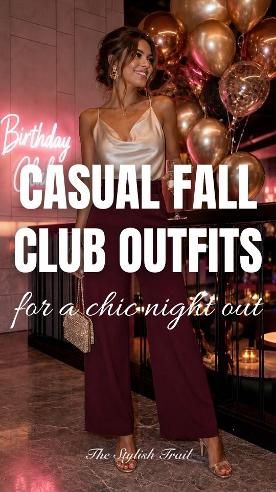 A woman wears a casual going out outfit for a fall night club with a champagne satin camisole with burgundy high-waisted wide-leg trousers, strappy heels
