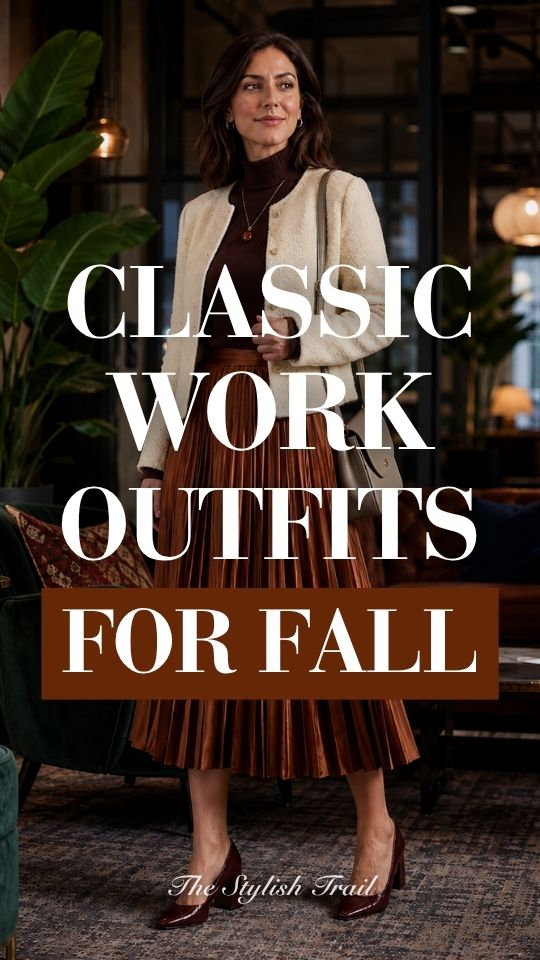 A woman wears a classic work outfit for fall with a cream textured cardigan over a brown turtleneck with a brown pleated midi skirt, burgundy heels