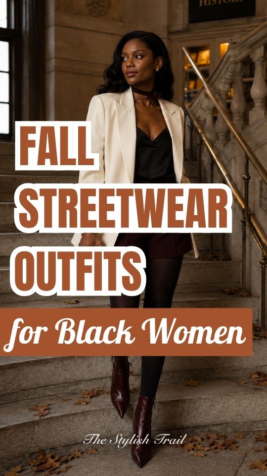 A woman wears a cream blazer over a black camisole with burgundy shorts, black tights, and burgundy pointed ankle boots on a staircase