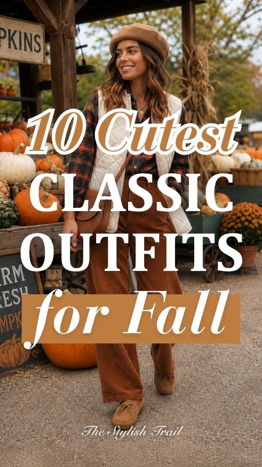 A woman wears a cute fall classic outfit with a brown beret, plaid shirt, cream quilted vest, brown corduroy trousers, crossbody bag, and brown shoes