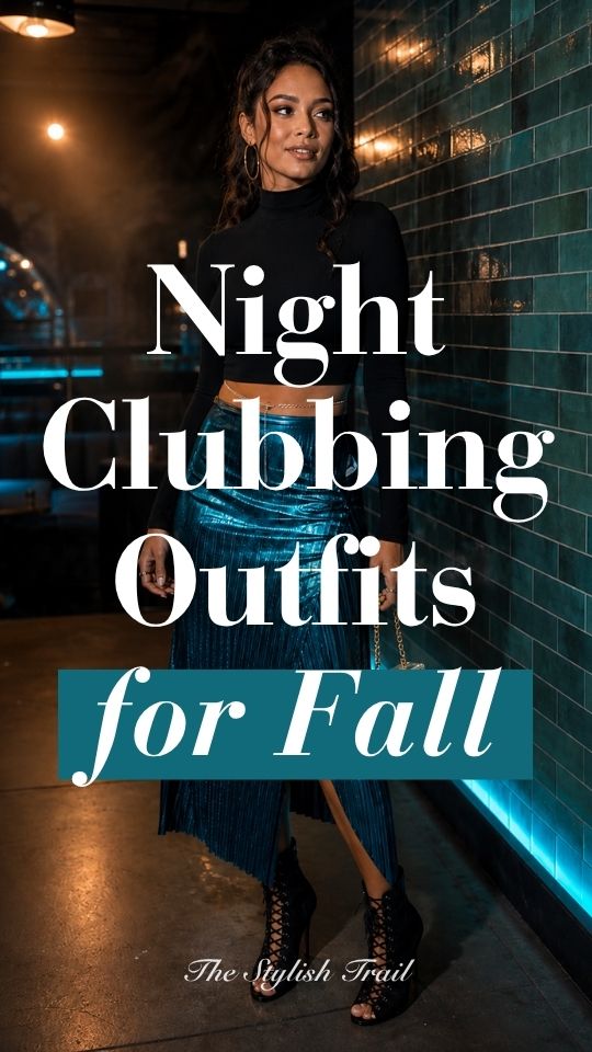 A woman wears a fall going out outfit for night club with a black long-sleeve crop top and teal skirt