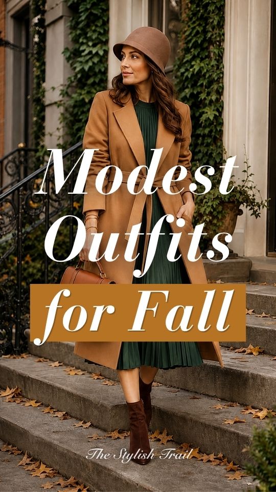 A woman wears a fall modest outfit with a camel coat, green pleated dress, brown beret, and ankle boots