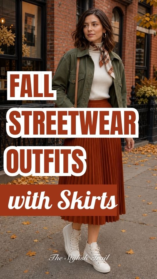A woman wears a fall streetwear outfit with a skirt, olive utility jacket over a cream ribbed turtleneck, patterned scarf, brown crossbody bag, and white high-top sneakers