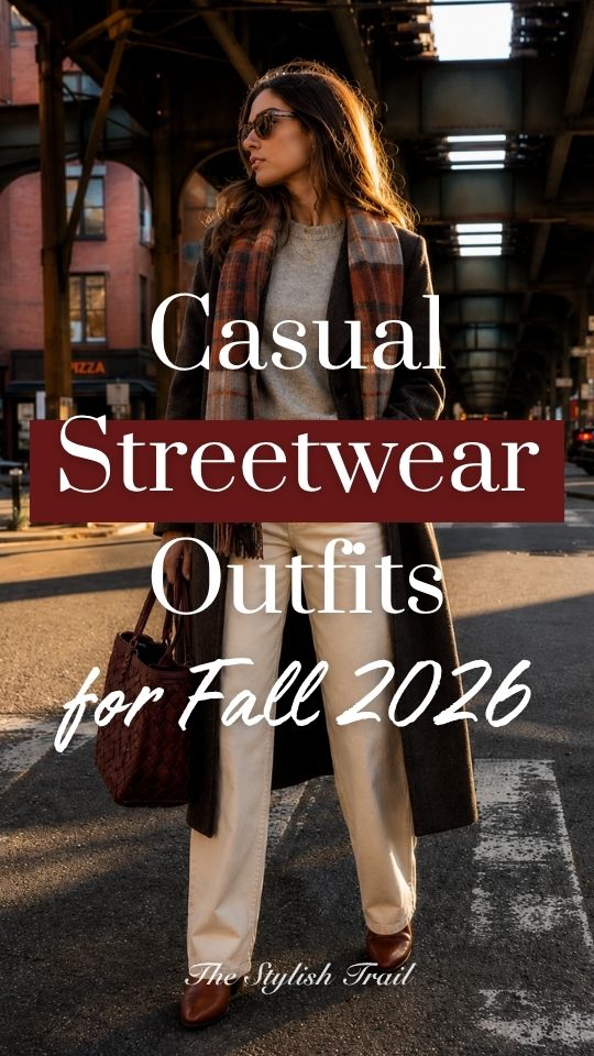 A woman wears a long dark coat over a gray sweater with a plaid scarf, cream trousers, brown shoes, sunglasses, and a woven tote bag