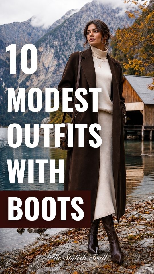 A woman wears a modest outfit with boots, a brown long coat, white sweater and matching skirt