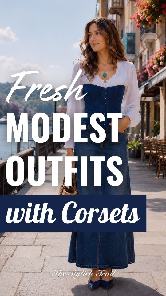 A woman wears a modest outfit with corset, a white blouse and a denim maxi skirt