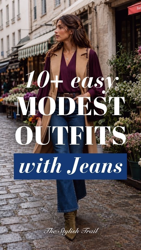A woman wears a modest outfit with jeans, a burgundy blouse, camel vest and ankle boots