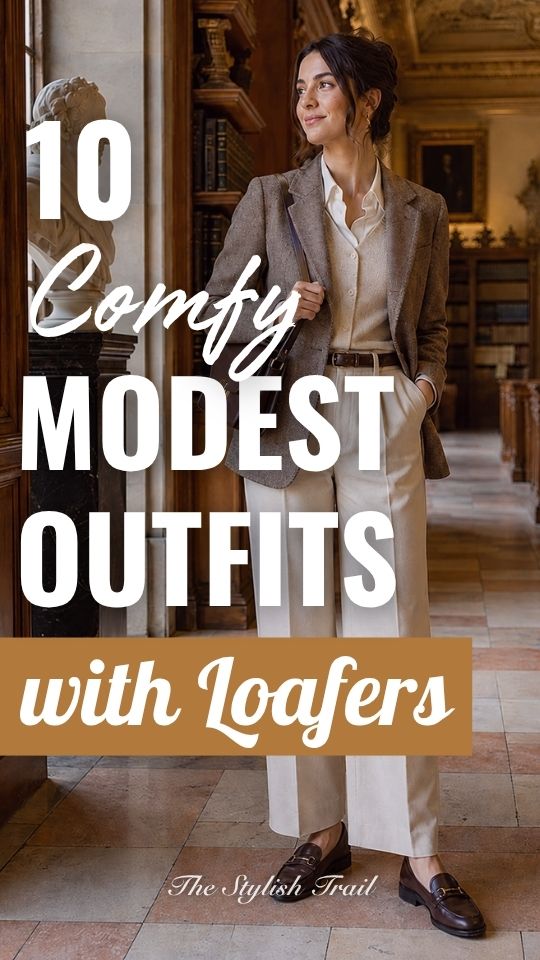 A woman wears a modest outfit with loafers, a taupe blazer over a cream blouse with high-waisted wide-leg trousers
