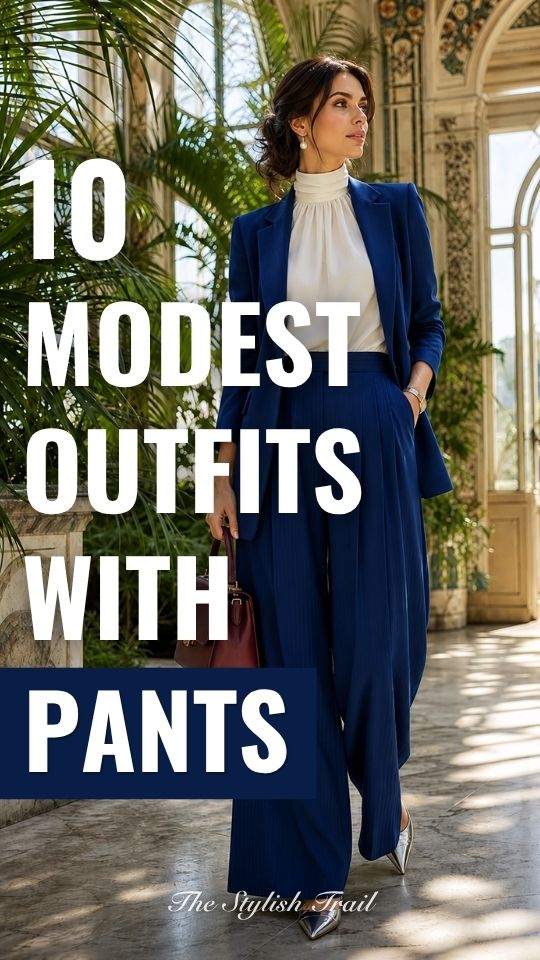 A woman wears a modest outfit with pants, a blue blazer, white blouse, and silver flats
