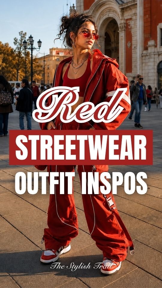 A woman wears a red streetwear outfit with a red cropped top, hooded jacket, cargo trousers, sneakers, red sunglasses