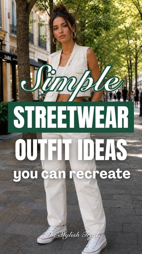 A woman wears a simple streetwear outfit with a cream cropped utility vest, white tank top, white cargo pants, and white sneakers