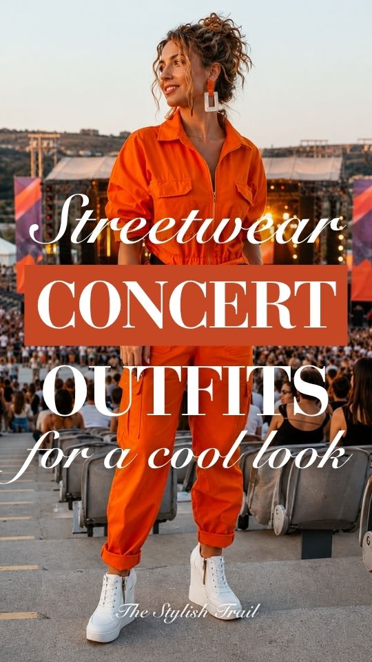 A woman wears a streetwear concert outfit with an orange utility jumpsuit, statement earrings, and white platform sneakers