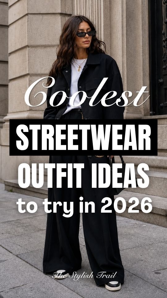 A woman wears a streetwear outfit with a black oversized jacket, white T-shirt, black wide-leg pants, and black-and-white sneakers
