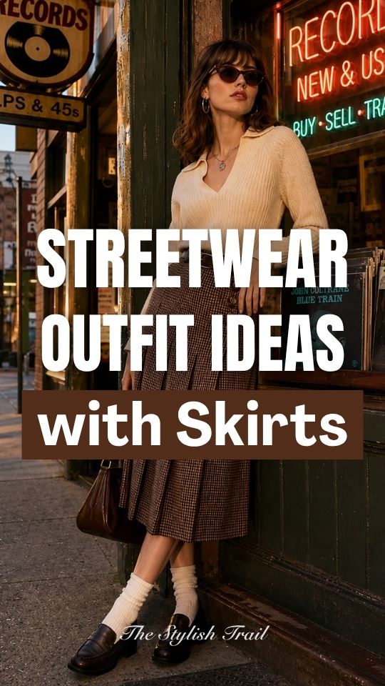 A woman wears a streetwear outfit with a skirt in brown with a cream knit polo top, white socks, black loafers