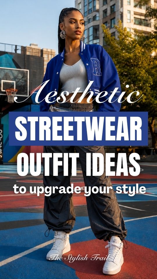 A woman wears an aesthetic streetwear outfit with a blue varsity jacket, gray fitted top, black cargo pants, and white sneakers