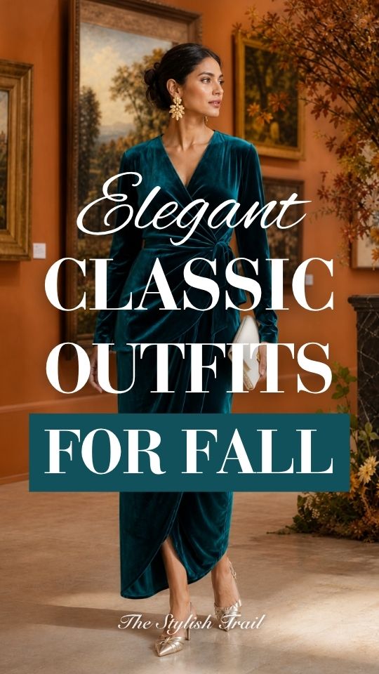 A woman wears an elegant classic fall outfit with long-sleeved teal velvet wrap dress and metallic pointed-toe heels