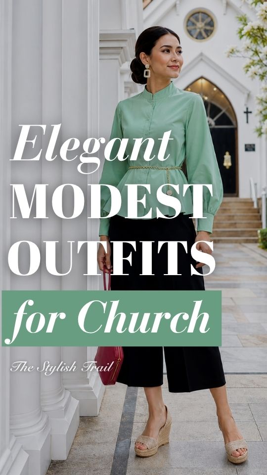 A woman wears modest outfit for church with a mint green belted blouse, black wide-leg culottes, and wedge sandals