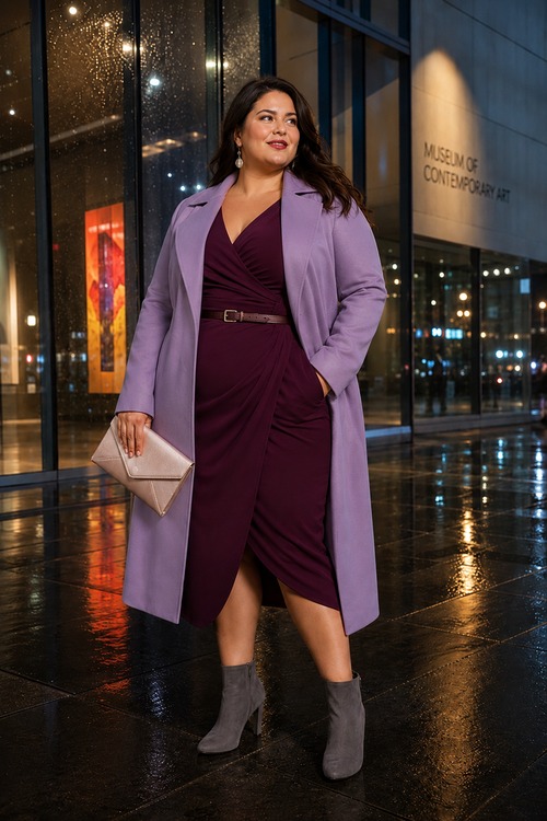 Plus-size woman in a plum wrap dress and lavender coat.