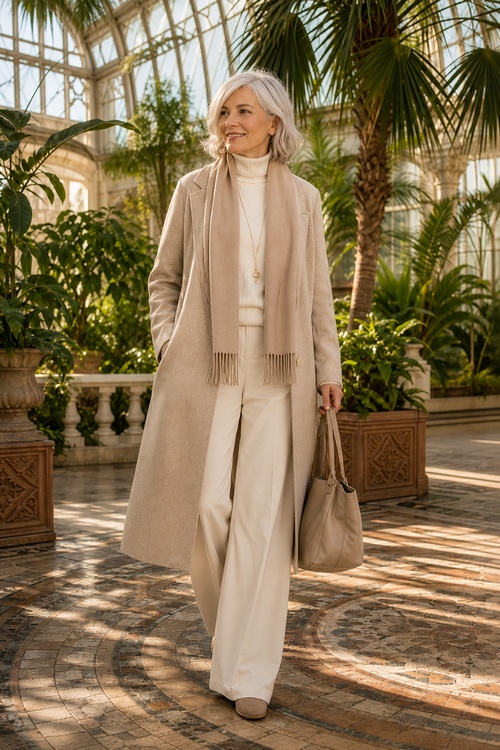 Woman in a beige coat and scarf with cream wide-leg pants in a greenhouse.