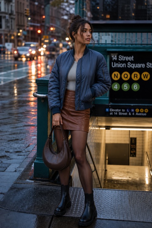 Woman in a blue bomber jacket with a brown leather mini skirt.