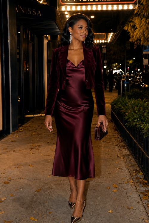 Woman in a burgundy satin midi dress with a velvet blazer at night.