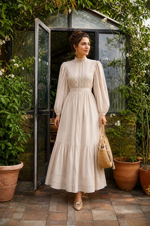 Woman in a cream long-sleeve midi dress standing outside a greenhouse.