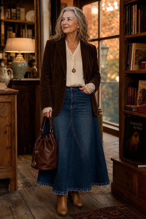 Woman in a denim maxi skirt and brown corduroy blazer standing in a cozy library.