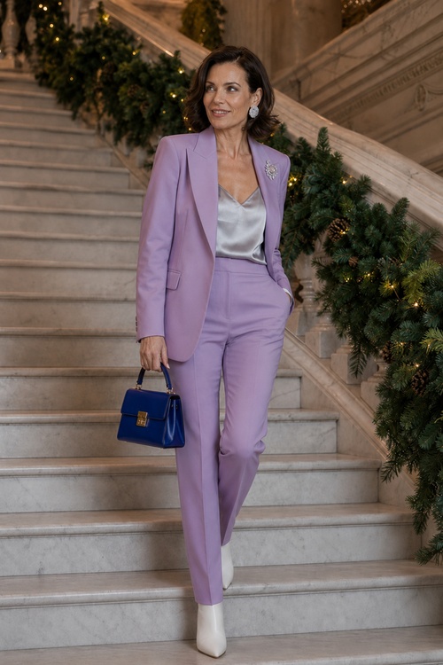 Woman in a lilac tailored suit with white ankle boots.