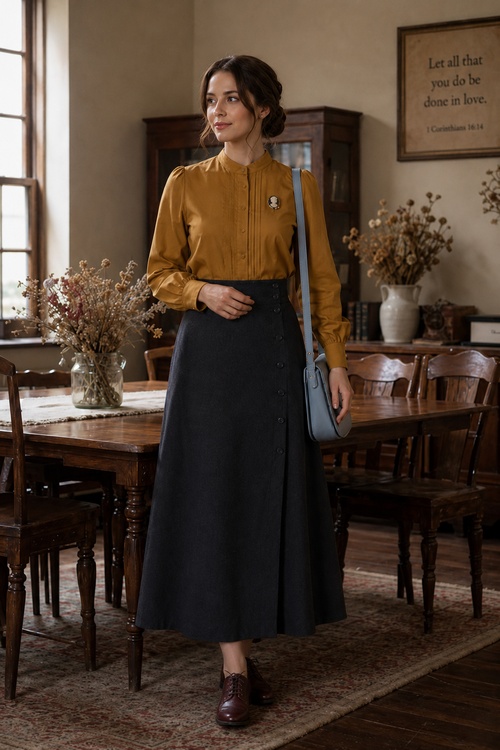 Woman in a mustard blouse, charcoal button-front maxi skirt, burgundy oxford shoes, and a light blue shoulder bag in a cozy vintage dining room.
