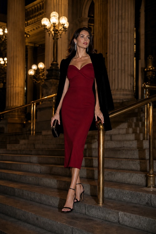 Woman in a red dress on grand steps