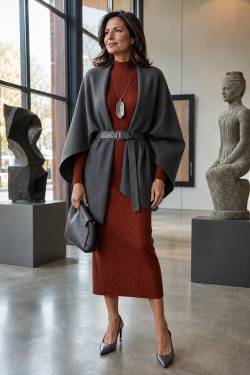Woman in a rust knit midi dress with a charcoal belted cape.