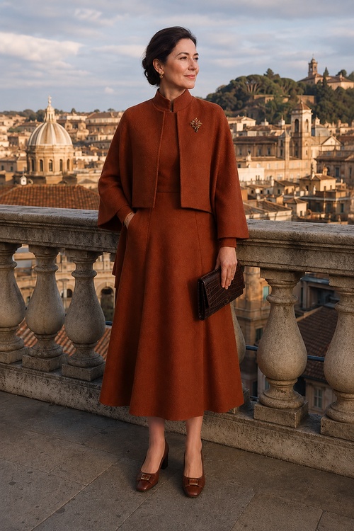 Woman in a rust midi dress and matching jacket overlooking a historic city.